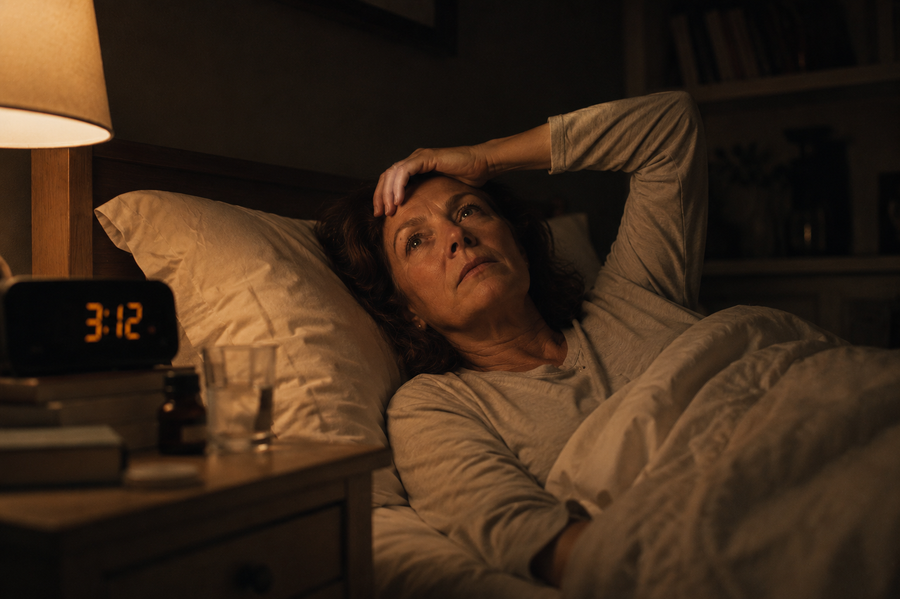 A woman lying awake in the middle of the night